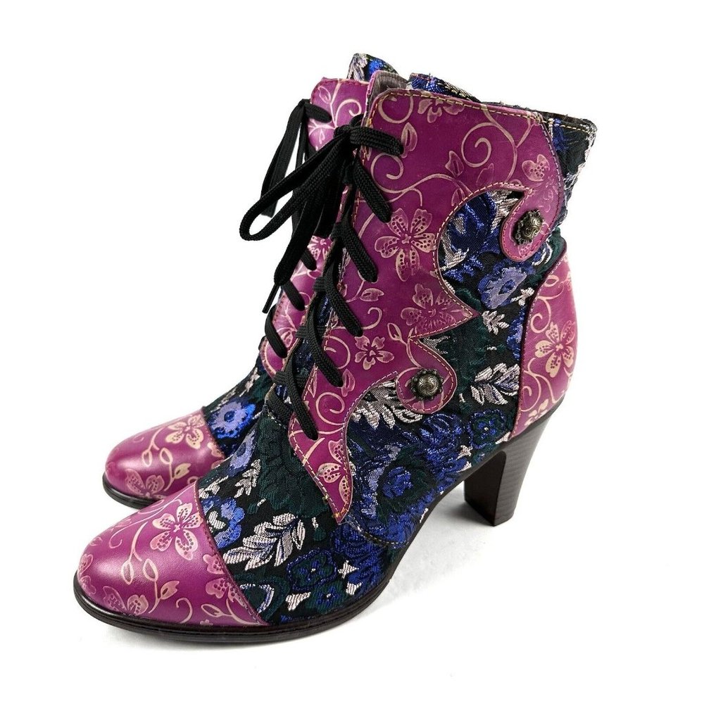 Boho Ankle Boots 42 Colorful Retro Hippie Lace Zip Up Bootie Womens Unique NEW